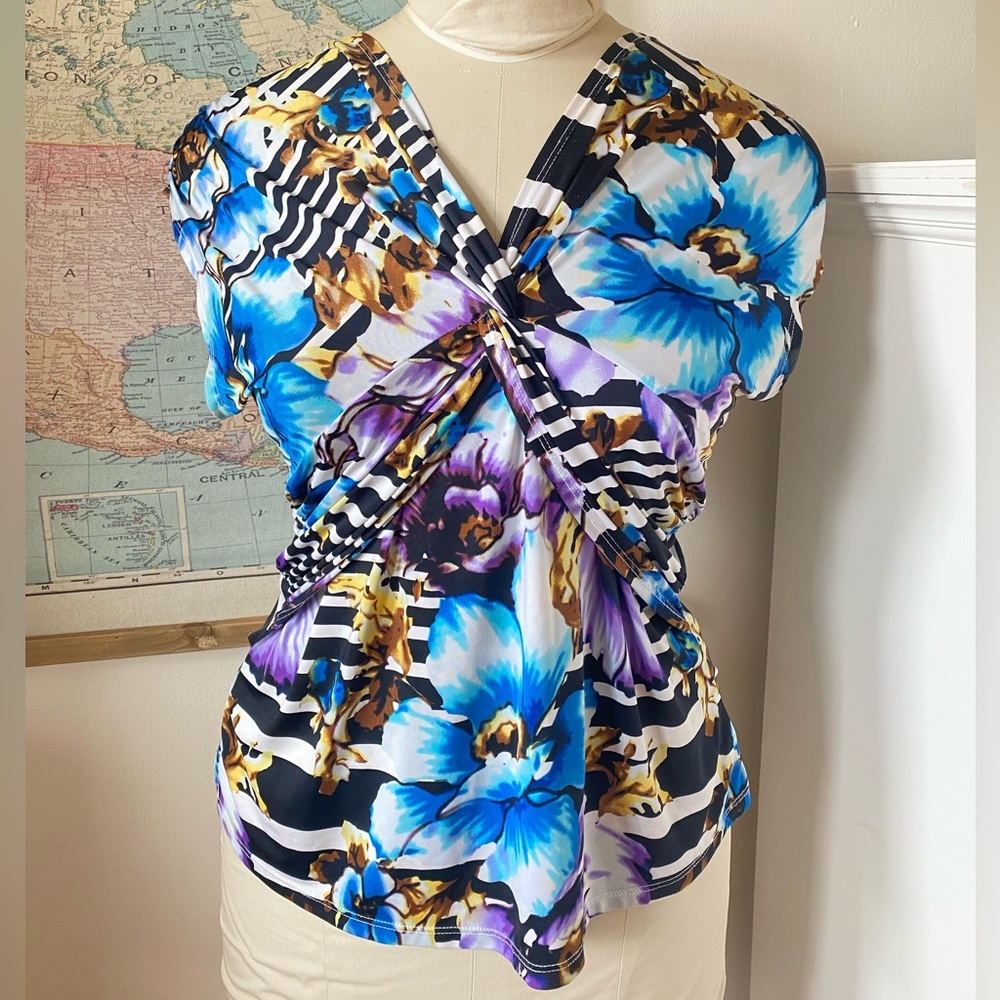 Cache Striped Floral Print Top